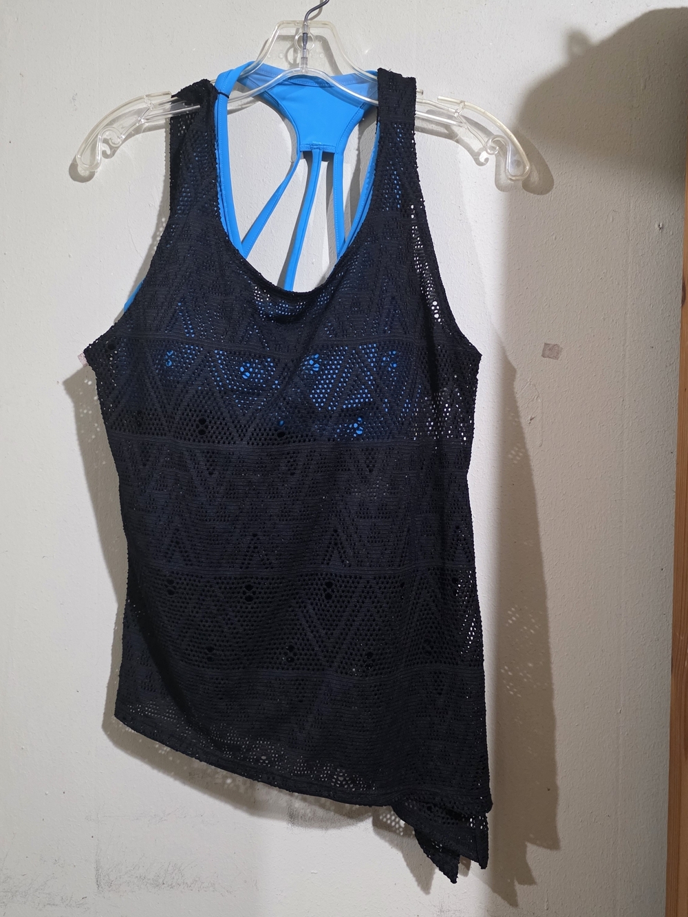 NWT Splashletics Black Mesg Overlay Tankini Swin Top Blue Underlay Size M